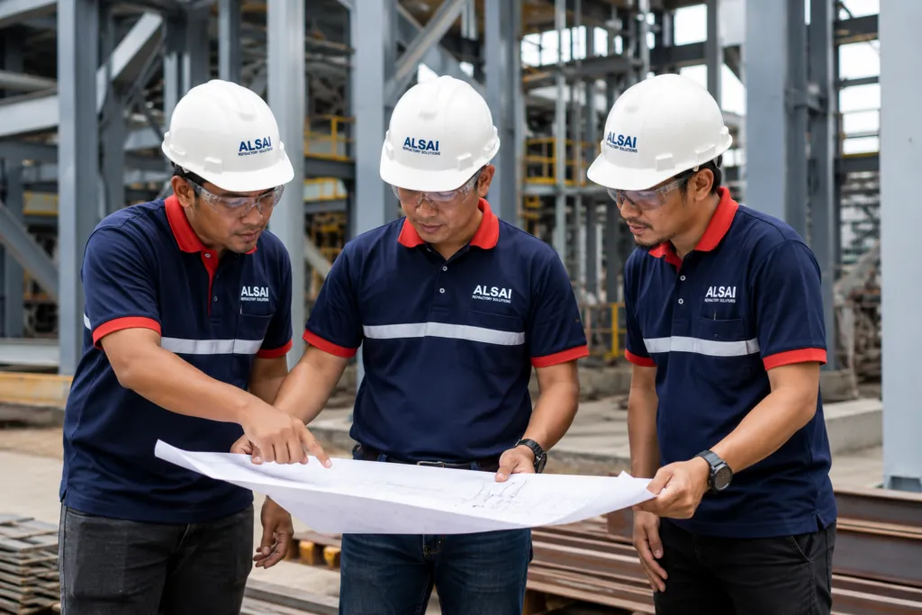 Collaborating on construction plans, ALSAI team