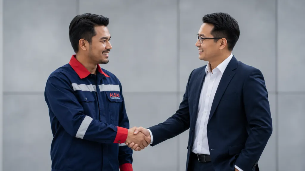 Corporate handshake in industrial setting