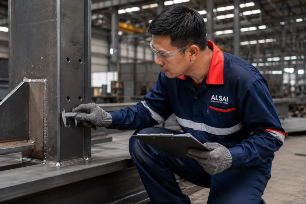 Steel inspection in industrial workshop